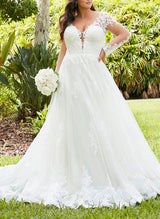 Plus Size Wedding Dresses Appliques Lace Ball-Gown V-neck Sweep Train-Dbrbridal