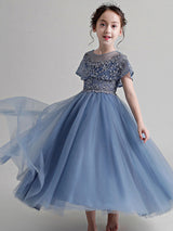 Pretty Jewel Neck Tulle Sleeveless Ankle Length Princess Embroidered Kids Party Dress-Dbrbridal
