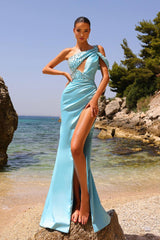 Pretty Long Blue One Shoulder Sleeveless High Split Prom Dress With Stones-Dbrbridal