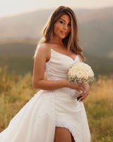 Pretty Long White Wedding Dress Hight Split Sleeveless V-neck Satin Bridal Gowns-Dbrbridal
