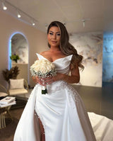 Pretty Long White Wedding Dress Hight Split Sleeveless V-neck Satin Bridal Gowns-Dbrbridal