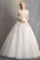 Princess Ball Gown Wedding Dresses Off The Shoulder Ivory Lace Beaded Long Bridal Dress-Dbrbridal