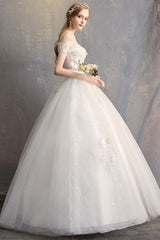 Princess Ball Gown Wedding Dresses Off The Shoulder Ivory Lace Beaded Long Bridal Dress-Dbrbridal