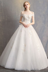 Princess Ball Gown Wedding Dresses Off The Shoulder Ivory Lace Beaded Long Bridal Dress-Dbrbridal