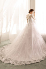 Princess Bateau Neck Wedding Dresses Elegant Long Sleeve Lace Tulle Bridal Gowns-Dbrbridal