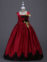 Princess Yellow Lace Applique Bow Decor Kids Pageant flower girl dresses-Dbrbridal