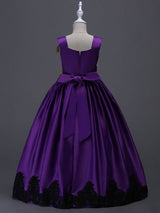 Princess Yellow Lace Applique Bow Decor Kids Pageant flower girl dresses-Dbrbridal