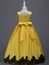 Princess Yellow Lace Applique Bow Decor Kids Pageant flower girl dresses-Dbrbridal