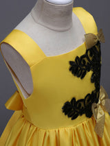 Princess Yellow Lace Applique Bow Decor Kids Pageant flower girl dresses-Dbrbridal