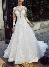 Product title re-written Chic A-line Illusion Neck 3 4 Sleeves Sweep Train Lace Tulle Wedding Dresses-Dbrbridal