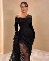 Prom Dress: Black Lace with Long Sleeves and Split-Dbrbridal