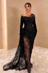Prom Dress: Black Lace with Long Sleeves and Split-Dbrbridal
