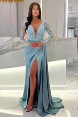 Prom Dress: Long Sleeves V-Neck Mermaid Split with Sequins Beads in Dusty Blue-Dbrbridal