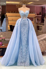 Prom Dress: Sky Blue Overskirt with Lace Appliques-Dbrbridal