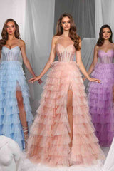 Prom Dress with Spaghetti Straps Sweetheart Neckline Tulle Layers and Split Hem-Dbrbridal