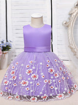 Purple Jewel Neck Cotton Tulle Sleeveless Short A-Line Embroidered Kids Party Dresses-Dbrbridal