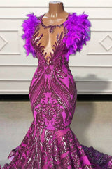 Purple Mermaid Prom Dress with Feather Scoop Neckline Sequins and Backless Design-Dbrbridal