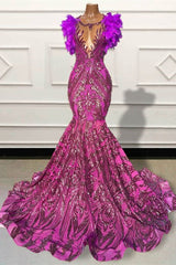 Purple Mermaid Prom Dress with Feather Scoop Neckline Sequins and Backless Design-Dbrbridal