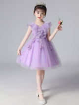 Purple V-Neck Sleeveless Tulle Lace Kids Party Dresses-Dbrbridal