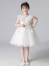 Purple V-Neck Sleeveless Tulle Lace Kids Party Dresses-Dbrbridal