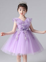 Purple V-Neck Sleeveless Tulle Lace Kids Party Dresses-Dbrbridal