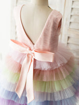 Rainbow Color Jewel Neck Tulle Sleeveless Short Princess Pearls Kids Social Party Dresses-Dbrbridal