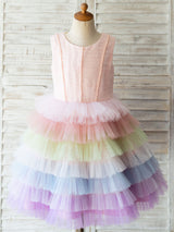 Rainbow Color Jewel Neck Tulle Sleeveless Short Princess Pearls Kids Social Party Dresses-Dbrbridal