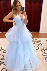 Rebekah Chic Light Blue V-Neck Puffy Princess Tulle Formal Dresses-Dbrbridal