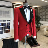 Red 3-Pieces Black Peaked Lapel Prom Suits For Men-Dbrbridal