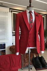 Red Bespoke Three Pieces Peaked Lapel Men's Prom Suits-Dbrbridal