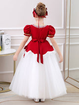 Red Jewel Neck Polyester Short Sleeves Short A-Line Embroidered Formal Kids Pageant flower girl dresses-Dbrbridal