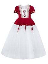 Red Jewel Neck Polyester Short Sleeves Short A-Line Embroidered Formal Kids Pageant flower girl dresses-Dbrbridal