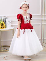 Red Jewel Neck Polyester Short Sleeves Short A-Line Embroidered Formal Kids Pageant flower girl dresses-Dbrbridal