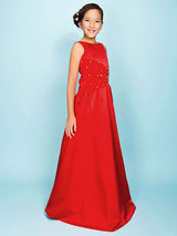 Red Jewel Neck Satin Fabric Sleeveless Floor Length A-line Beaded Kids Party Dresses-Dbrbridal