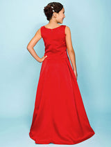 Red Jewel Neck Satin Fabric Sleeveless Floor Length A-line Beaded Kids Party Dresses-Dbrbridal
