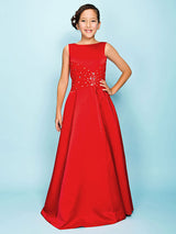 Red Jewel Neck Satin Fabric Sleeveless Floor Length A-line Beaded Kids Party Dresses-Dbrbridal