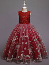 Red Jewel Neck Sleeveless Ankle-Length A-Line Embroidered Polyester Kids Party Dresses-Dbrbridal