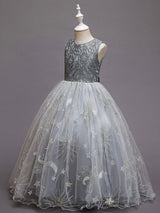 Red Jewel Neck Sleeveless Ankle-Length A-Line Embroidered Polyester Kids Party Dresses-Dbrbridal