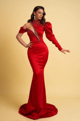 Red Long Sleeve High Neck Mermaid Prom Dress with Beads-Dbrbridal