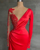 Red Long Sleeve Mermaid Prom Dress On Sale With Beadings V-Neck-Dbrbridal