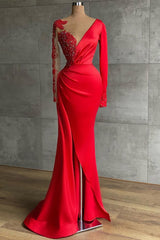 Red Long Sleeve Mermaid Prom Dress On Sale With Beadings V-Neck-Dbrbridal