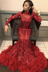 Red Mermaid Sequins Long Sleeves High-Neck Prom Dresses-Dbrbridal