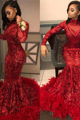 Red Mermaid Sequins Long Sleeves High-Neck Prom Dresses-Dbrbridal