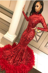 Red Mermaid Sequins Long Sleeves High-Neck Prom Dresses-Dbrbridal