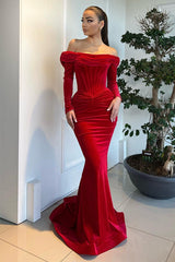 Red Off-the-Shoulder Mermaid Prom Dress with Long Sleeves-Dbrbridal
