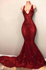 Red Sequins Shiny V-Neck Mermaid Long Prom Dresses-Dbrbridal