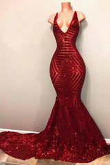 Red Sequins Shiny V-Neck Mermaid Long Prom Dresses-Dbrbridal