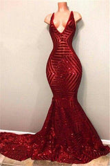 Red Sequins Shiny V-Neck Mermaid Long Prom Dresses-Dbrbridal