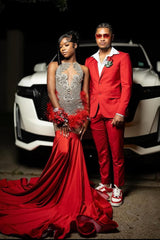 Red Silver Beaded Mermaid Sleeveless Long Mermaid Prom Dresses-Dbrbridal