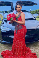 Red Sleeveless Mermaid Prom Dress with Scoop Neck Sequins and Beadings-Dbrbridal